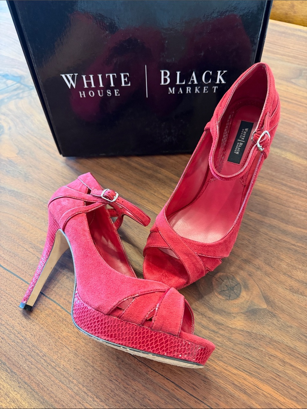 WHITE HOUSE BLACK MARKET Red Suede Peep-Toe Platform Heels w/ Ankle Strap, 8.5M